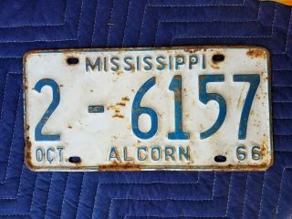 Vintage Rustic 1966 Mississippi Alcorn County License Plate 2 - 6157