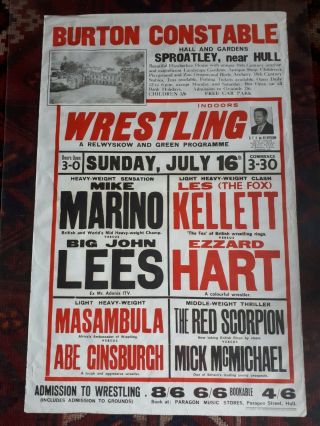 Vintage Uk Wrestling Poster 1960 