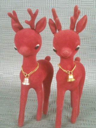 Vintage Tall Red Felt Hard Plastic Angry Reindeer 2 Figures Christmas Decoration