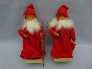 2 Antique Vintage German Wood Carved Pixie Elf Santa Figurine Fur Trimmed Red