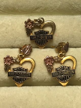 Estate 10k Yellow & Rose Gold Harley Davidson Heart Earrings & Necklace Pendant