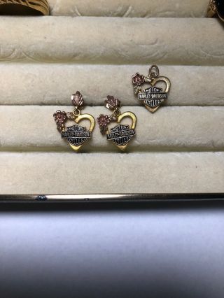 Estate 10K Yellow & Rose Gold Harley Davidson Heart Earrings & Necklace Pendant 3