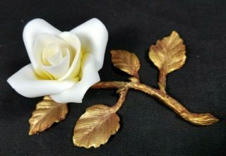 Vtg Capodimonte Style White Rose Flower Bisque Porcelain On Gold Metal Branch