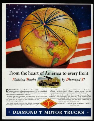 Diamond T Trucks 474 World Globe Illustration Art 1943 Vintage Print Ad