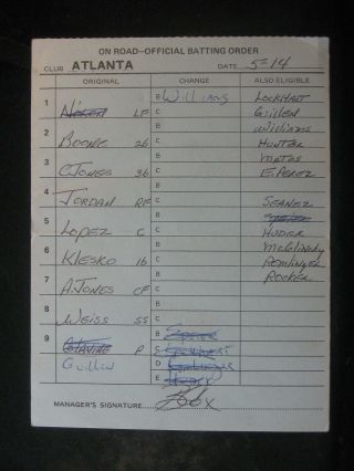 5/14 Bobby Cox Signed Atlanta Braves Game Lineup Umpire Card 012