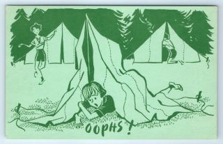 Vintage Comic Postcard Girl Scout Camp Oophs Tent Building