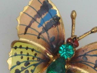 VINTAGE 40/50 ' S ORANGE/YELLOW HAND PAINTED METAL & GREEN GLASS BUTTERFLY BROOCH 2