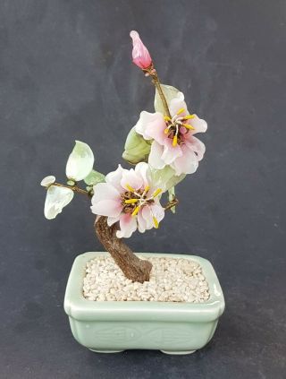 Vintage Artificial Bonsai Tree Pink Blossom / Green Leaves - Celadon Green Pot