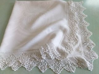 Lovely Vintage White Damask Tea Tablecloth With Crochet Work