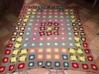 Vintage Afghan Handmade Crochet Granny Square Throw Blanket Vibrant Colors