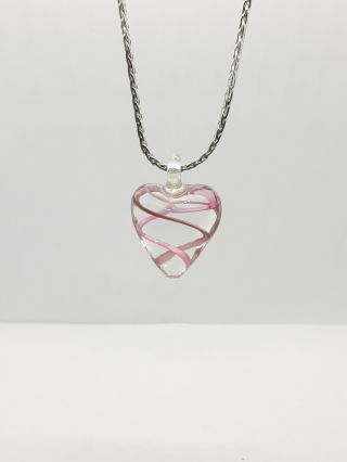 Vintage Hand Blown Art Glass Heart Pendant Necklace On 24 " Silver Wheat Chain