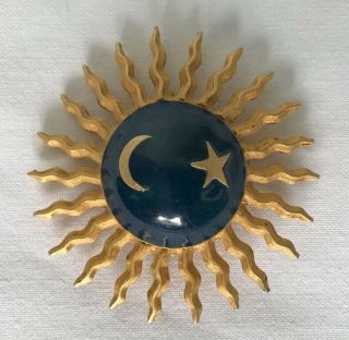 Vtg Gold Toned Blue Enamelled Celestial Sun Moon And Stars Brooch 2 " Diameter