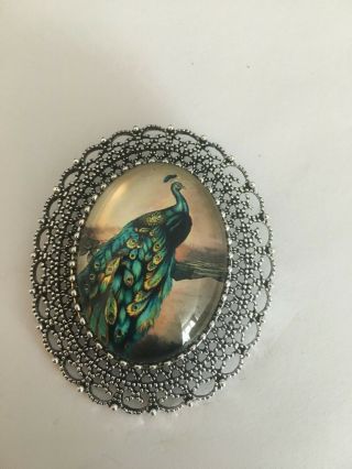 Large Antique Silver Vintage Style Peacock Cabochon Oval Brooch Art Deco