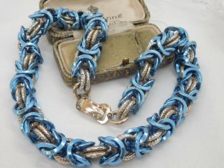 Fabulous Chunky Vintage 1950s Blue & Silver Tone Chain Link Necklace