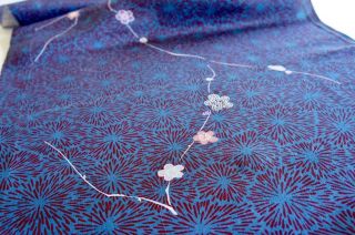 Vintage Japanese Kimono Silk Fabric 47 " |blue Red Flowers Hand Painted Ume |quilt