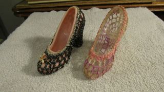 VINTAGE Plastic Toy Miniature High Heel Woman ' s Shoes Crochet Fishnet Stockings 2