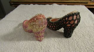 VINTAGE Plastic Toy Miniature High Heel Woman ' s Shoes Crochet Fishnet Stockings 3