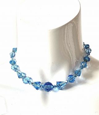 Vintage Art Deco Crystal Clear Sky Blue Glass Beaded Chain Thread Chocker 15inch
