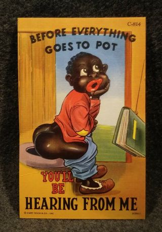 Vintage Black Americana Novelty Postcard Boy On The Pot.  Teich Linen