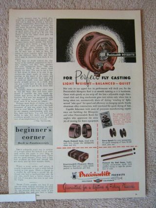Vintage 1946 Precisionbilt Mosquito Perfect Fly Fishing Reels Print Ad