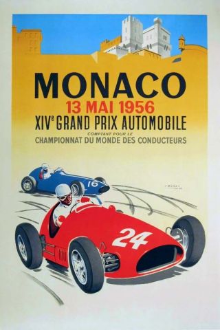 Monaco F1 Gp Grand Prix 1956 Motorsport Large Vintage Promo Poster