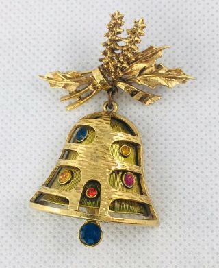 Vintage Art Signed Christmas Bell Ornament Brooch Gold Tone Metal Rhinestones
