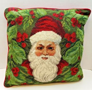 Vintage 13.  5 " Santa Claus Christmas Tree Needlepoint Throw Pillow Handmade