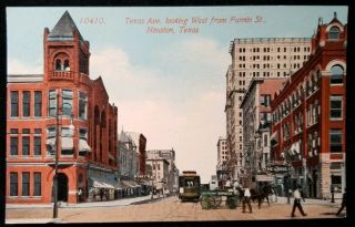 1910 Houston Tx Texas Avenue Fannin St Horse Wagon Streetcar Vintage Postcard