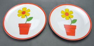 Fitz & Floyd China Flower Pot Dinner Plate 10 - 5/8 " Set Of 2 Red W/ Dots Vintage