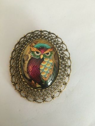 Large Antique Gold Vintage Style Owl Cabochon Oval Brooch Art Deco
