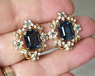 Stunning Vintage Art Deco Jewellery Sparkling Sapphire Crystal Gold Earrings