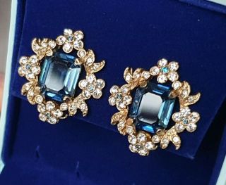 STUNNING VINTAGE ART DECO JEWELLERY SPARKLING SAPPHIRE CRYSTAL GOLD EARRINGS 2