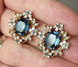 STUNNING VINTAGE ART DECO JEWELLERY SPARKLING SAPPHIRE CRYSTAL GOLD EARRINGS 3