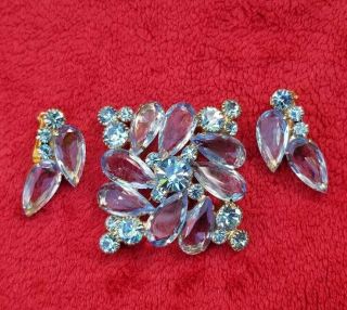 Vtg Juliana Gold Tone Baby Blue Rhinestones Set Of Clip Earrings & Pin Brooch