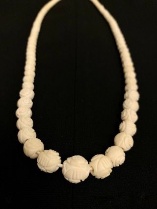 Vintage Carved Bovine Bone Graduated Bead Necklace With Barrel Clasp