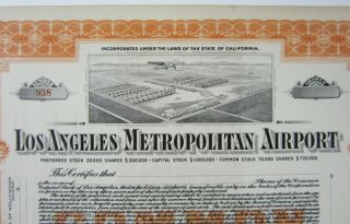 Early Aviation History Los Angeles Metropolitan Airport Stock Certificate 1928