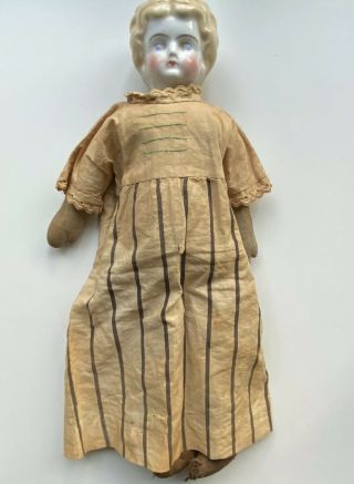 Antique Blonde Blue Eyes Low Brow China Head Doll Cloth Limbs Body 13”