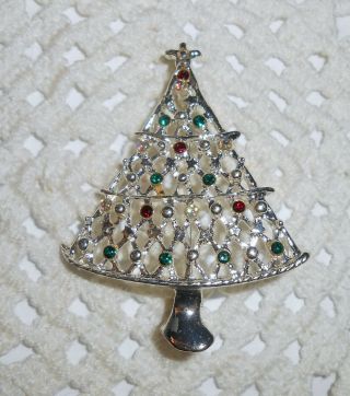 Vintage Green Red & Ab Rhinestone Christmas Tree Brooch Pin Silver - Tone C103