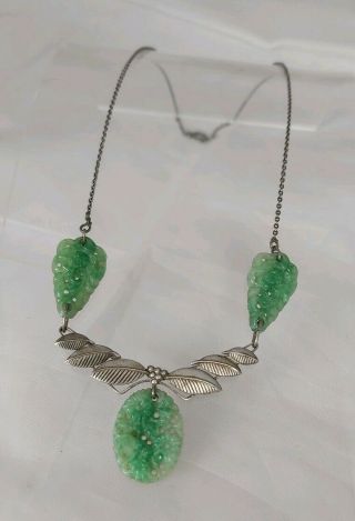 Vintage Sterling Silver Carved Green Jade Pendant Necklace Necklet