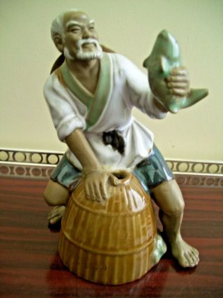 Vintage Mudmen Chinese Fisherman Ceramic Figurine Statue