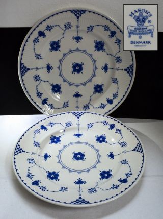2 X Elegant Vintage Blue Denmark Pattern Dinner Plates - 25.  5cm Diameter.