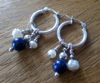 Vintage Sterling Silver Hoop Earrings With Lapis Lazuli & Pearl Charms