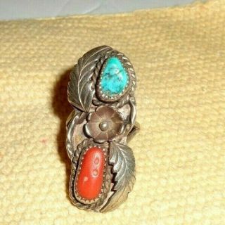 Signed Vintage Navajo Old Pawn Handmade Sterling Silver Turquoise & Coral Ring