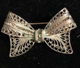 Vintage Dainty Filigree Silver Color Bow Brooch Pin W Germany Old Style " C "