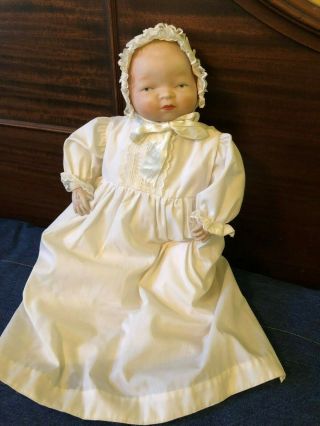 Vintage Porcelain Bisque 14.  5 " Baby Doll All Handmade Christening Gown & Bonnet