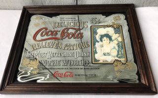 Vintage “coca - Cola” Wood Framed Mirror Sign Relieves Fatigue: 5 Cents 13 " X9 "