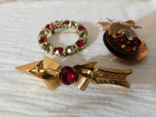 Set Of 3 Vintage Pins Red,  Clear Crystal Rhinestones Coro Arrow,  Dangling Bow