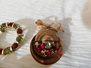 Set of 3 Vintage Pins Red,  Clear Crystal Rhinestones CORO Arrow,  Dangling Bow 3
