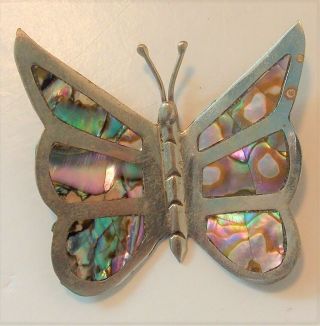 Vintage Taxco Mexico Sterling Silver Mop Inlay Butterfly Brooch 2 "