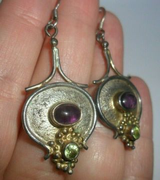 Vintage Style Arts And Crafts Artisan Made Silver 925 Earrings Amethyst Stone